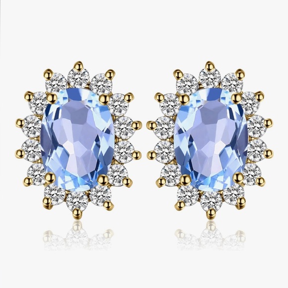 Solid 18K Gold - 925 Sterling Silver Blue Topaz -Zircon Gems Royal Stud Earrings - Picture 1 of 9